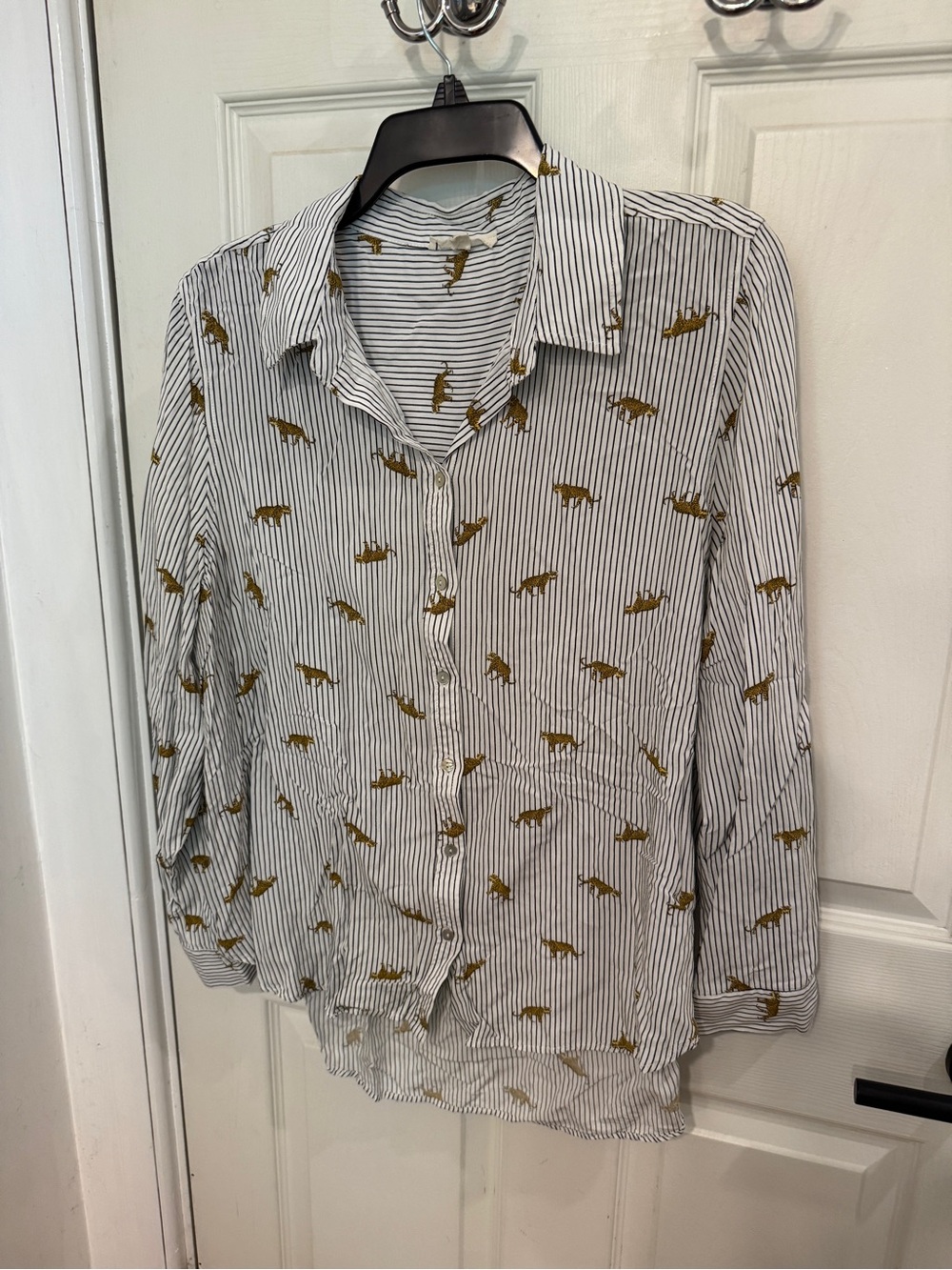 Jane and Delancey White Striped Button-Down with Leopard Animal Print